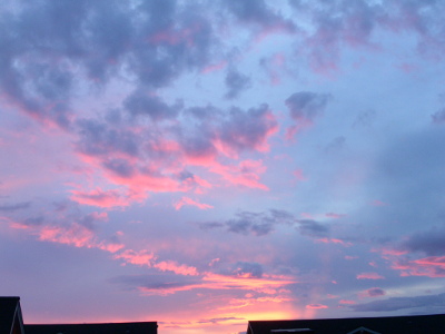 [The image is nearly all sky with just a sliver of the tops of the buildings at the bottom. There is a swath of yellow pink at the bottom and more pink on the undersides of nearly all the clouds. The rest of the sky is shades of bluish purple.]